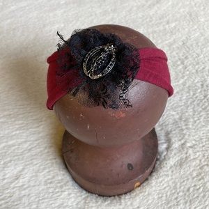Burgundy Organic Cotton Headband with Black Lace Bow & Vintage Jewel